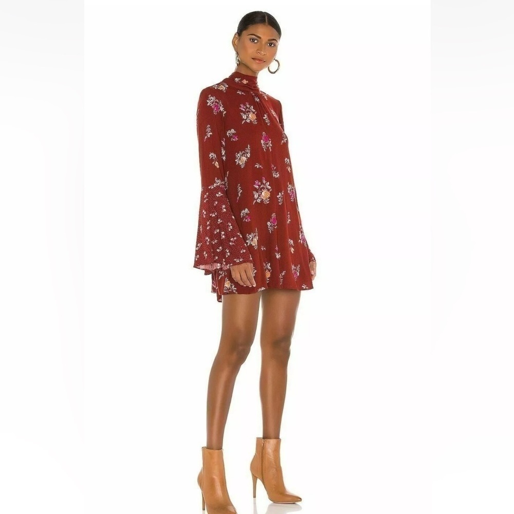 NWT FREE PEOPLE Burgundy Floral Long Bell Sleeve Tie Back Mini Dress Size Small - Picture 4 of 6